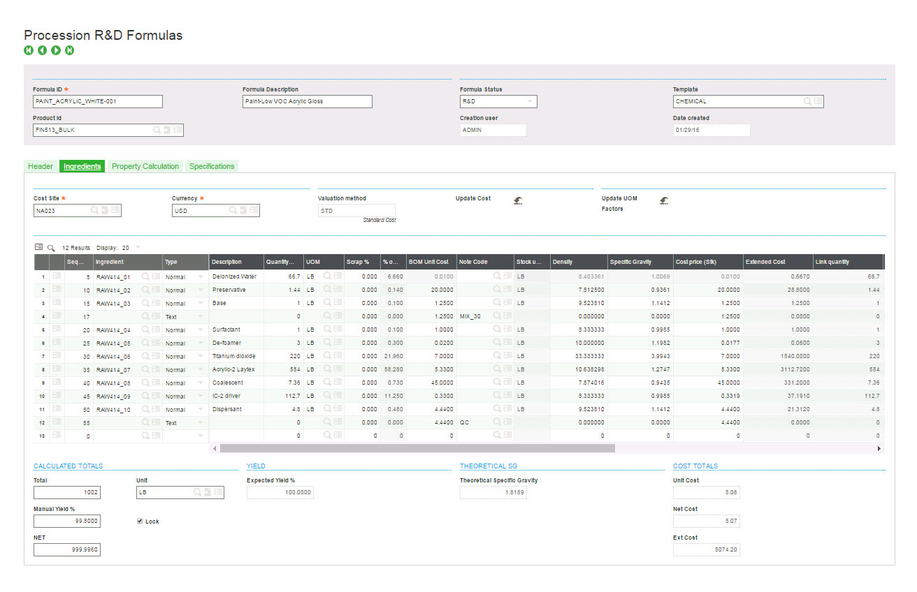 A screenshot of the Process Pre-sales & Formulation module.