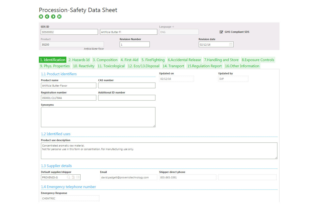 A screenshot of the Procession Regulatory Control Module